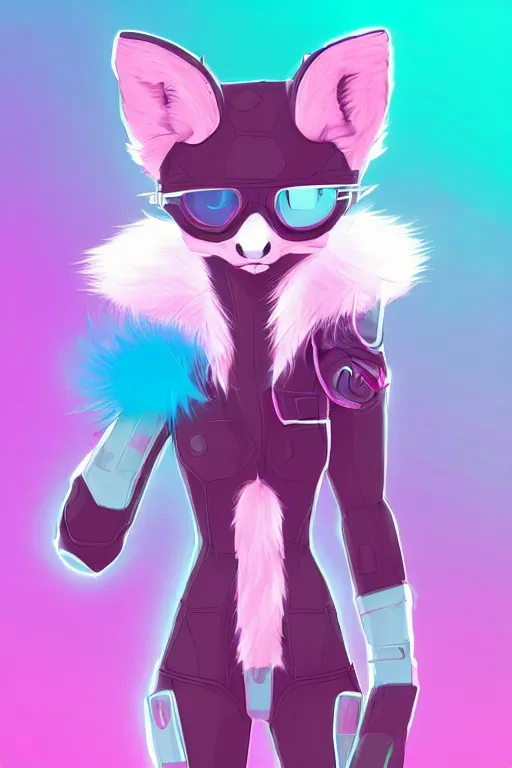 Image similar to a cute cyberpunk anthropomorphic fox with pink fur and blue eyes and a fluffy tail, comic art, trending on furaffinity, cartoon, kawaii, backlighting, furry art!!!, cel shading, concept art, lineless