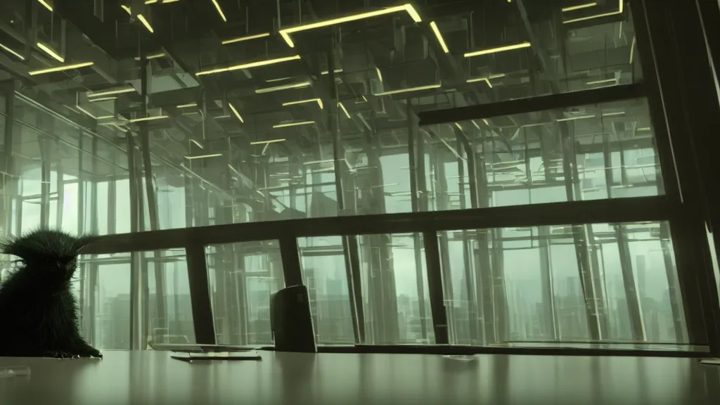 Prompt: the strange creature in the high tech office building, it is glowing, film still from the movie directed by denis villeneuve and david cronenberg with art direction by salvador dali