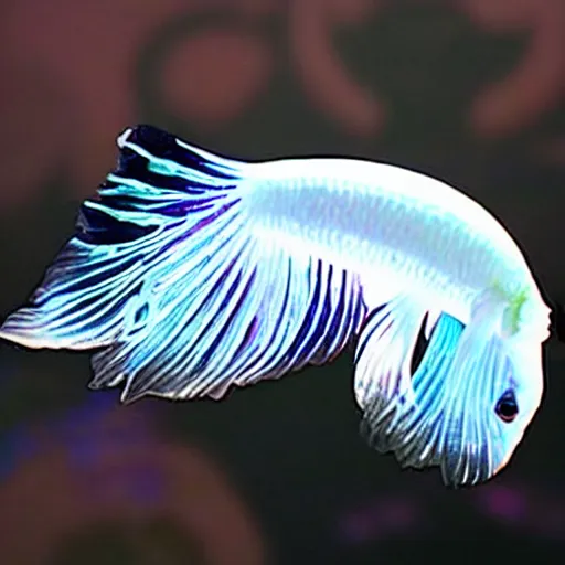 Image similar to a graceful iridescent white betta fish in black!!! water