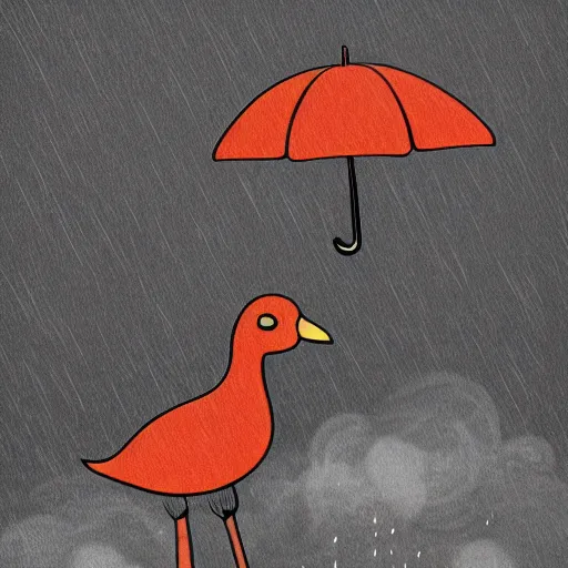 Prompt: silly little sad goose standing under dark rain cloud, being rained on, animated, digital art, stylistic, trending on artstation