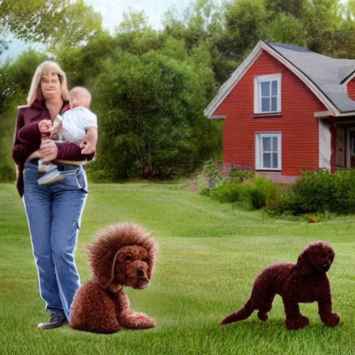 Prompt: mom, dad and baby standing in front of a 1960's farm house, with A brown poodle running around, in the style of thomas kincade