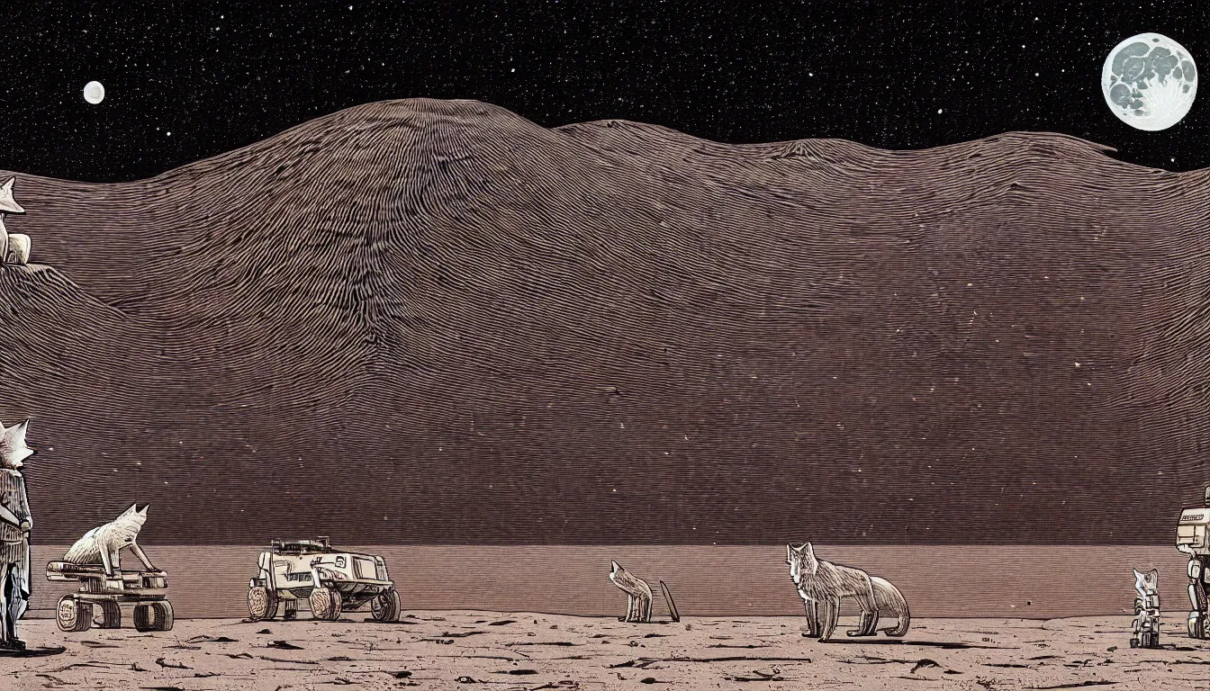 Image similar to a fox and a robot rover standing in desert looking at the moon and night sky by woodblock print, nicolas delort, moebius, victo ngai, josan gonzalez, kilian eng