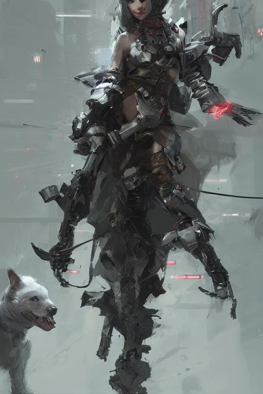 Prompt: 2d character concept art illustration, trending on artstation, highly detailed, sharp focus, intricate, unique, by Ruan Jia, of a girl in a cyberpunk suit with three leashed battle dogs