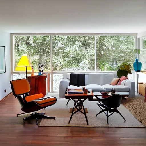 Image similar to the interior of a mid century modern living room with an eames chair