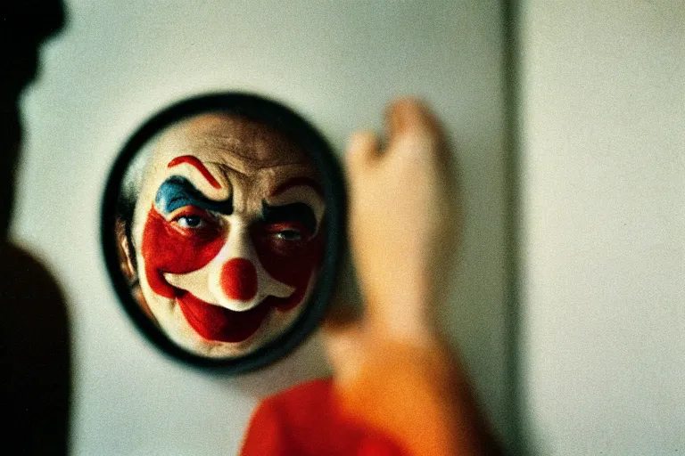 Prompt: close-up color film photography 1970s, sad clown look at himself in public bathroom mirror, soft light, 35mm, film photo, Joel Meyerowitz