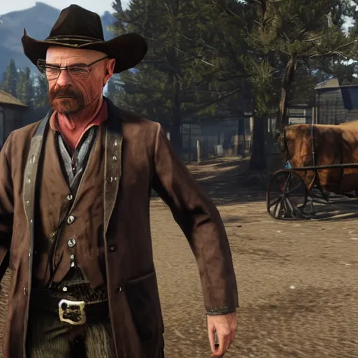 Image similar to Walter White as a Red Dead Redemption 2 character, in game screenshot