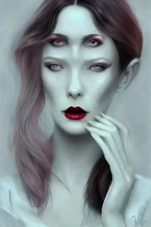 Image similar to a photo-realistically painted portrait of a singular lady vampire!!!!, dressed in a suit, perfect face!!!, beautiful eyes!!, digital painting, concept art, minimal artifacts, volumetric lighting, Artgerm, and William-Adolphe Bouguerea, in the style of Tom Bagshaw, cinematic!!, stunning!, trending on Artstation!, award-winning art!!!