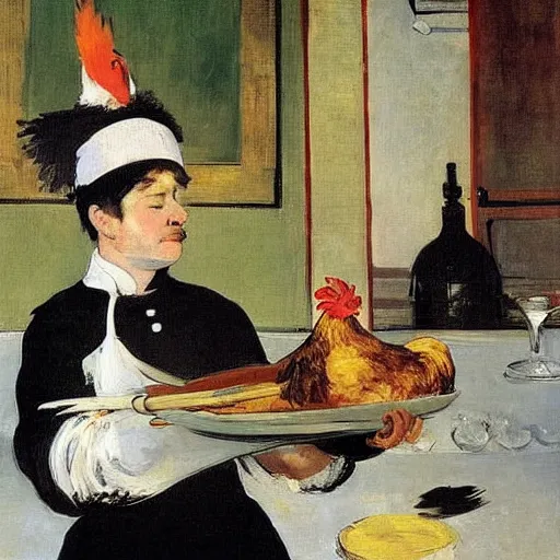 Image similar to a chicken chef in the kitchen, Edouard Manet, painting, funny,