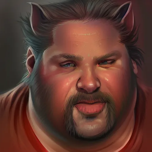 Image similar to portrait of a half fatman half pig with long hair tied in a ponytail, light stubble with red shirt eats kebab ,digital art,photorealistoc,art by greg rutkowski,hyperdetailed,western comic style,comic,comic style,sharp lineart,professional lighting,deviantart,artstation,trevor henderson,rossdtaws,cinematic,dramatic