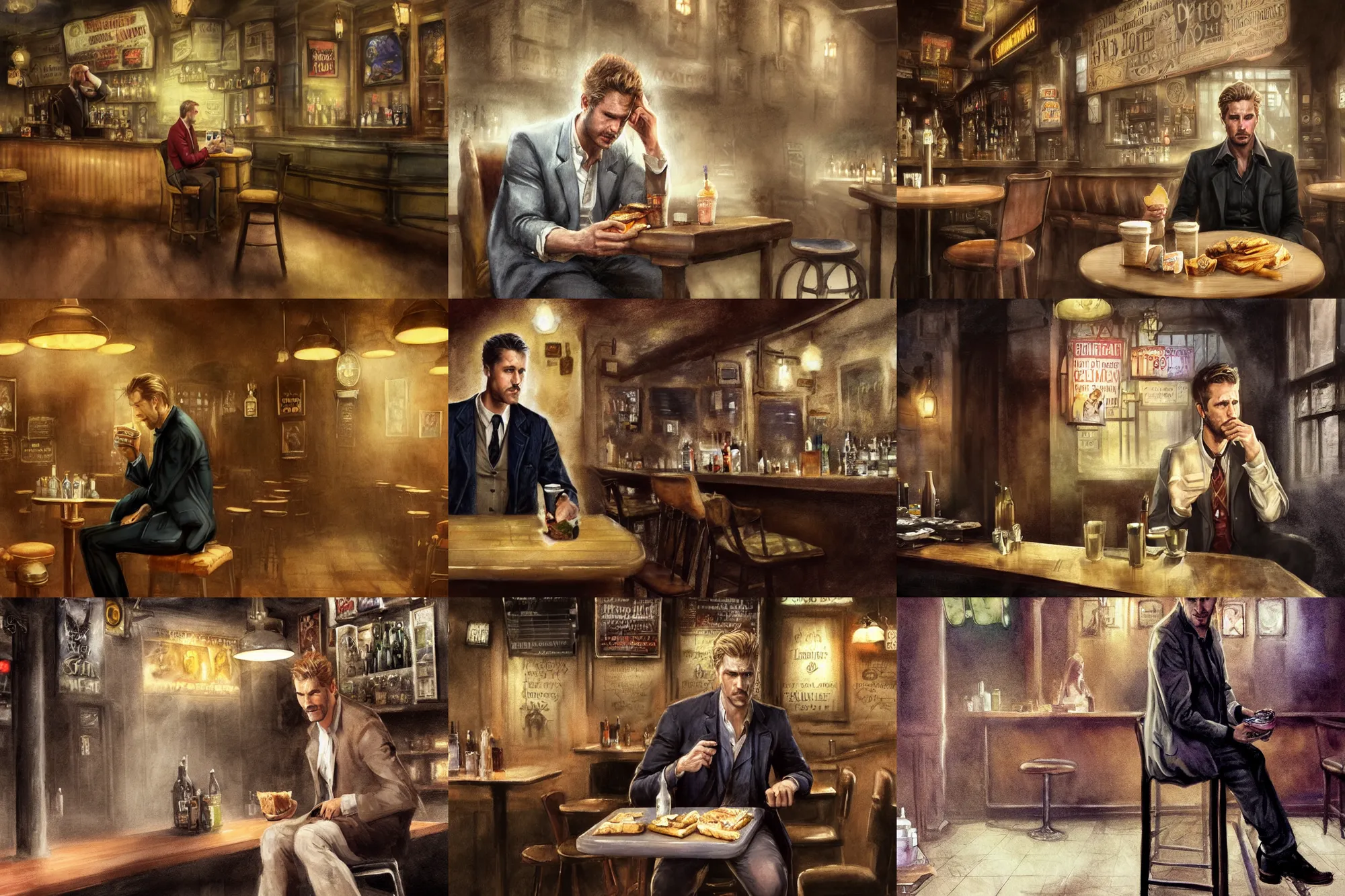 Image similar to matte painting character illustration of john constantine sitting down on a barstool at a dive bar in london eating a sandwich, digital painting, illustration, constantine, john singer sargent, amazing values, 8 k, magical creatures in the background, watercolor texture, gothic, octane render, realistic face details, symmetrical face details, realistically rendered face, photorealistic eyes