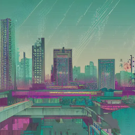 Prompt: vaporwave urban dreamscape, urban grunge and decay, vaporwave cityscape inspired by traditional chinese painting