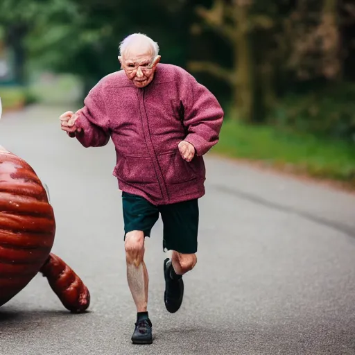 Image similar to An elderly man being chased by a sentient humanoid sausage, Canon EOS R3, f/1.4, ISO 200, 1/160s, 8K, RAW, unedited, symmetrical balance, in-frame