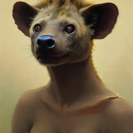 Prompt: portrait of a hyena girl, furry body, fluffy neck, large ears, intricate, elegant, highly detailed, digital painting, artstation, concept art, smooth, sharp focus, illustration, art by artgerm and greg rutkowski and alphonse mucha and william - adolphe bouguereau