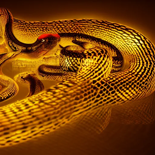 Prompt: black snake with glowing golden scales, intricate lines, clear focus, vivid colors, final fantasy, unreal engine highly rendered, global illumination, radiant light, intricate environment