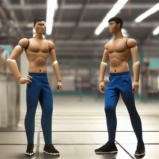 Image similar to a realistic detailed photo of a guy who is an attractive humanoid who is half robot and half humanoid, who is a male android, attractive and handsome soccer players, shiny skin, posing like a statue, blank stare, in a factory, on display, showing off his muscles, wearing soccer shorts, side view, looking at each other mindlessly