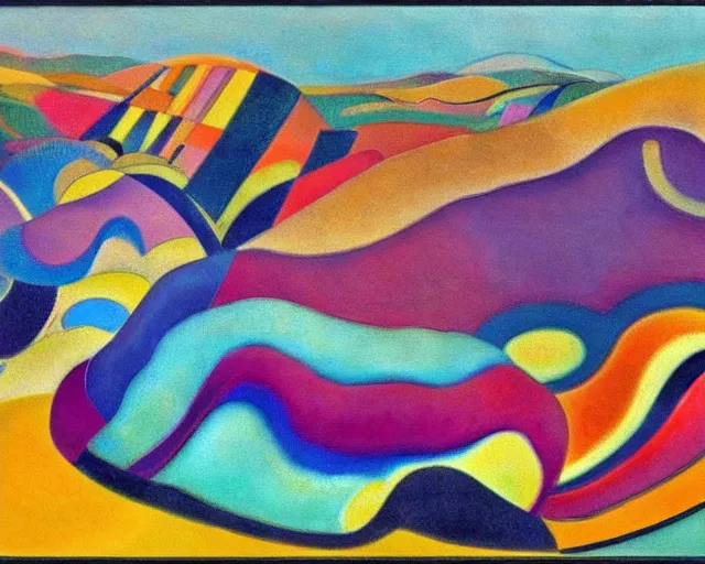 Prompt: A wild, insane, modernist landscape painting. Wild energy patterns rippling in all directions. Curves, organic, zig-zags. Saturated color. Mountains. Clouds. Rushing water. Wayne Thiebaud. Kandinsky.