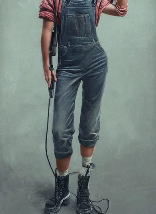 Image similar to digital _ painting _ of _ girl with headphones, overalls, combat boots _ by _ filipe _ pagliuso _ and _ justin _ gerard _ symmetric _ fantasy _ highly _ detailed _ realistic _ intricate _ port