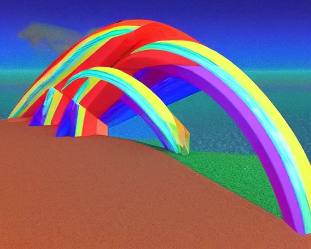 Image similar to isometric 3 d surrealist rainbow, frequencies divided as sacred geometry 3 d shapes, very surreal, by dali