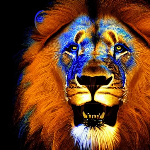 Prompt: blue glowing lion, realistic, black background
