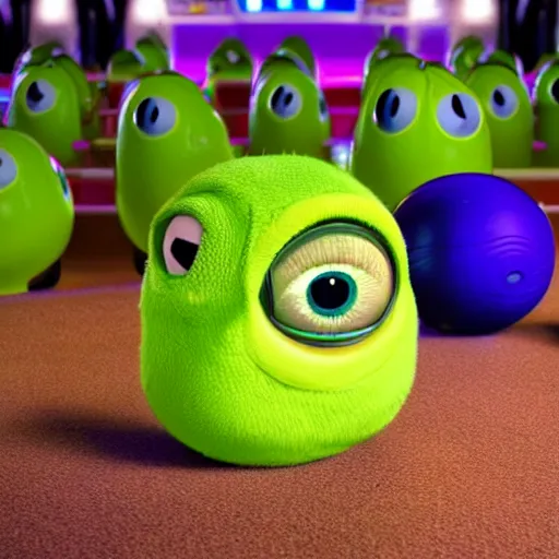 Prompt: A photo of Mike wazowski sat inbetween bowling balls in a rack at the bowling alley, photorealistic, 4k