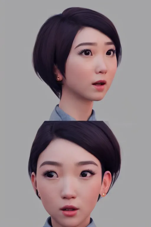 Image similar to a portrait of cute Asian girl singing, short stylish hair in the style of DreamWorks animation, side view, low angle view, 16mm lens, award winning, hyper detailed, studio lighting, artstation, octane renderer, unreal engine