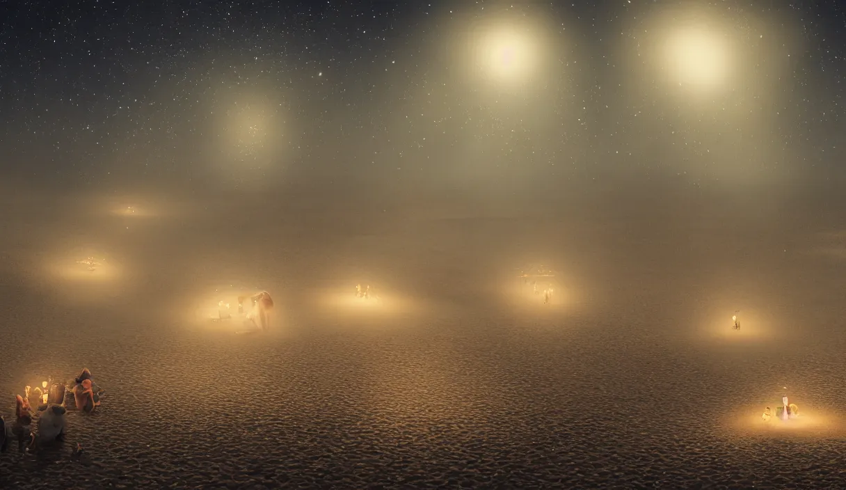 Prompt: beach at night, stars, torches, fireflies, bioluminescence, fire, fog, insane details, intricate, elite, ornate, elegant trend, highly detailed and intricate, sharp focus, photography, unreal engine, trending on artstation, photorealistic, octane, hyper detailed, trending on deviantart,