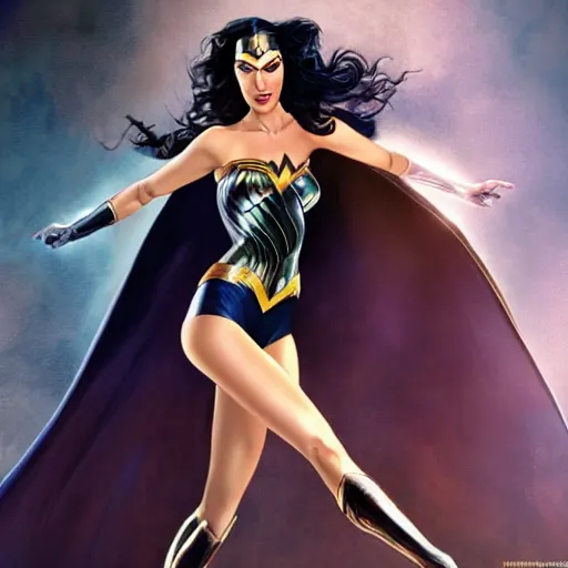 Image similar to an potrait of gal gadot cast of the zatana, photorealistic, high detail, full body shot.