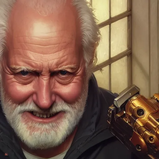 Image similar to hide the pain harold ; cinematic screenshot ; crisp sharp focus ; ultra realistic, concept art, intricate details, satire, highly detailed, photorealistic, octane render, 8 k, unreal engine. art by artgerm and greg rutkowski and charlie bowater and magali villeneuve and alphonse mucha