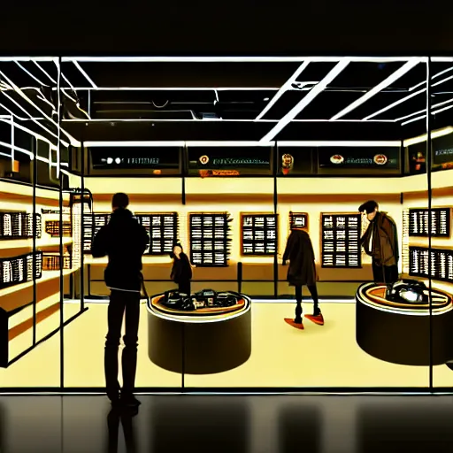 Prompt: inside a robotic shop store directly looking at a display case in The City of Lisbon at night with a few customers, extreme plus resolution scifi concept art, intricate details to everything visible, sharp lighting, Dramatic light by denis villeneuve, strong emphasis on alphonse mucha, Makoto Shinkai