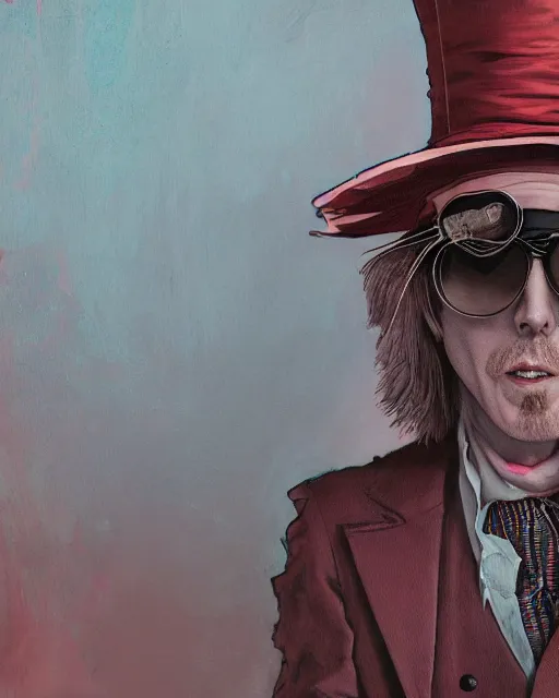 Image similar to tom petty as the mad hatter, contrast, kim jung gi, greg rutkowski, zabrocki, karlkka, jayison devadas, trending on artstation, 8 k, ultra wide angle, zenith view, pincushion lens effect