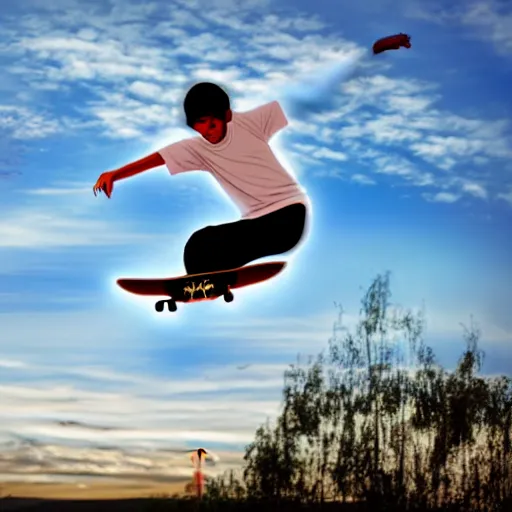 Image similar to young skateboarder with Angel wings kickflip background the sky