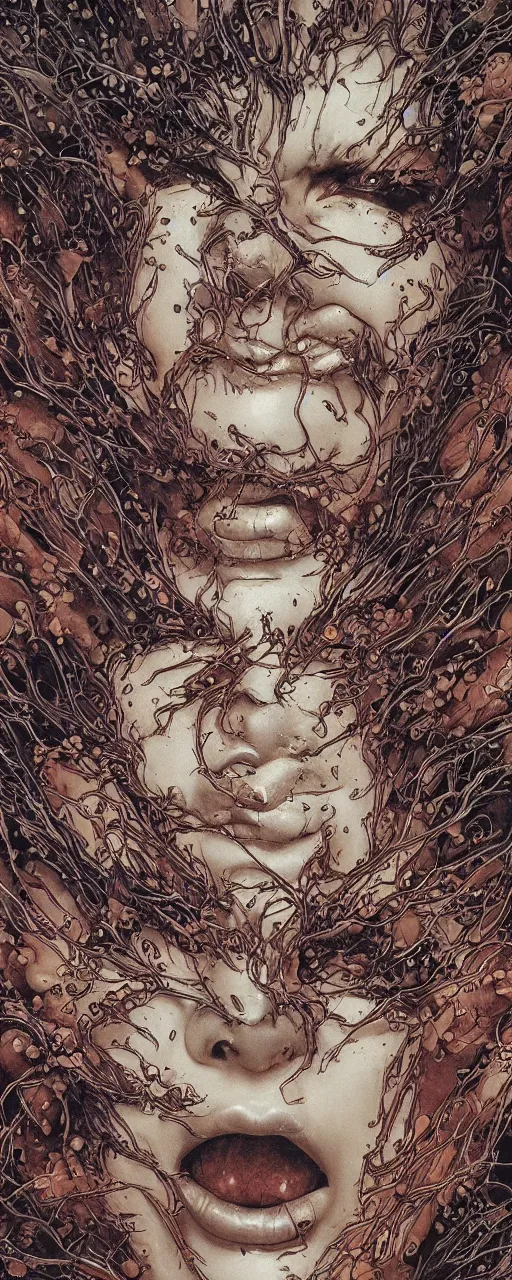 Prompt: closeup of face melting in agony been pulled by hands, inside a frame on a tiled wall, frontal picture, by yoichi hatakenaka, masamune shirow, josan gonzales and dan mumford, ayami kojima, takato yamamoto, karol bak