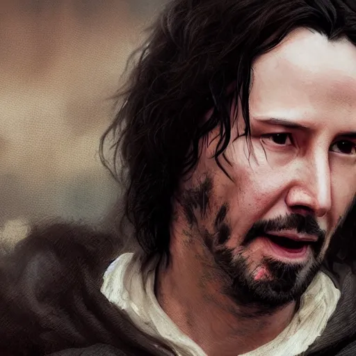 Prompt: portrait of Keanu reeves as Frodo baggins, sharp, Detail, detailed face,4k, cinematic lighting, in the style of Greg Rutkowski and James Gurney