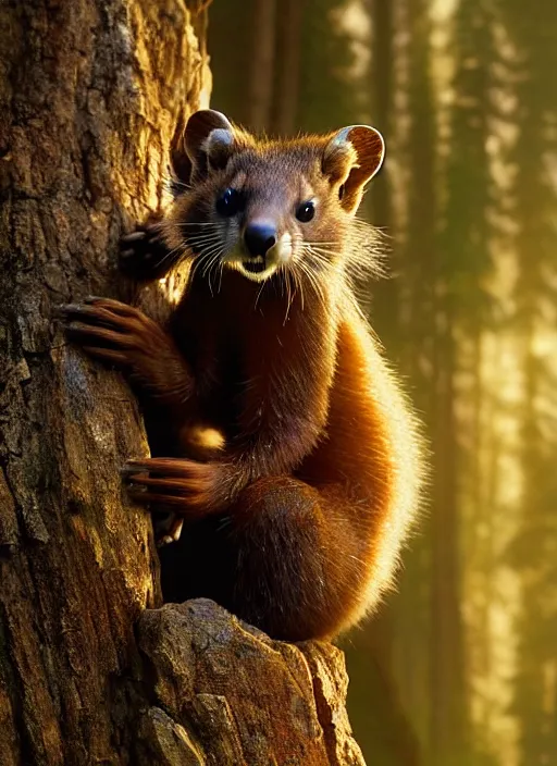 Image similar to a beautiful closeup shot from a fantasy film of a humanoid grey pine marten wearing a loose tunic. an anthropomorphic pine marten. golden hour. rim lighting. joseph ducreux, greg rutkowski.