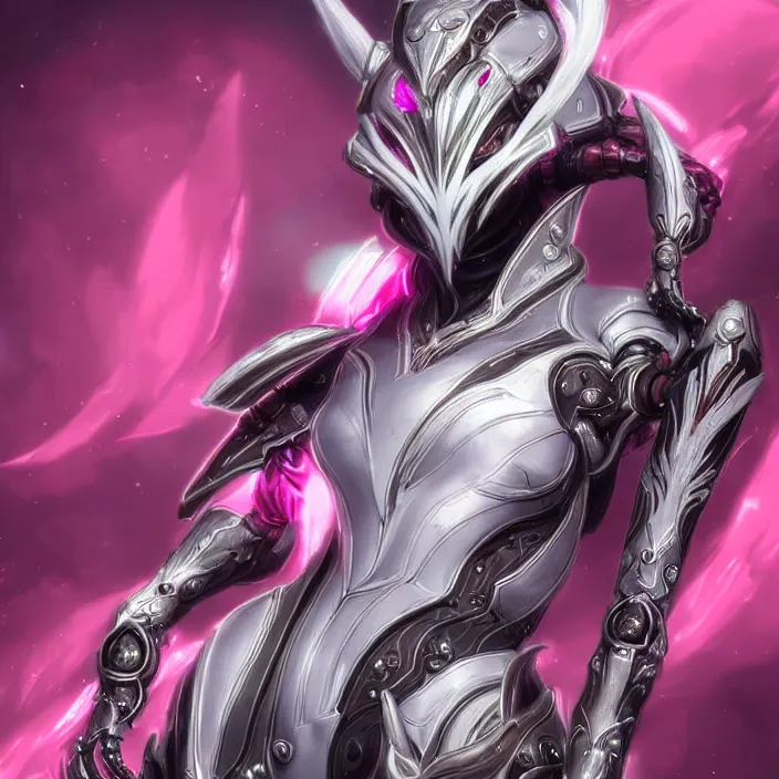 Image similar to highly detailed exquisite fanart, of a beautiful female warframe, but as an anthropomorphic robot dragon, shiny white silver armor engraved, Fuchsia skin beneath the armor, sharp claws, long tail, robot dragon hands and feet, elegant pose, close-up shot, full body and head shot, epic cinematic shot, professional digital art, high end digital art, singular, realistic, DeviantArt, artstation, Furaffinity, 8k HD render