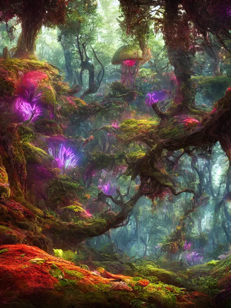 Prompt: a beautiful otherworldly fantasy landscape of a hidden forest with colorful mystical plants and huge psychedelic mushrooms as the trees like alice in wonderland, rendering, cryengine, deep color, vray render, cinema 4 d, cgsociety, bioluminescent