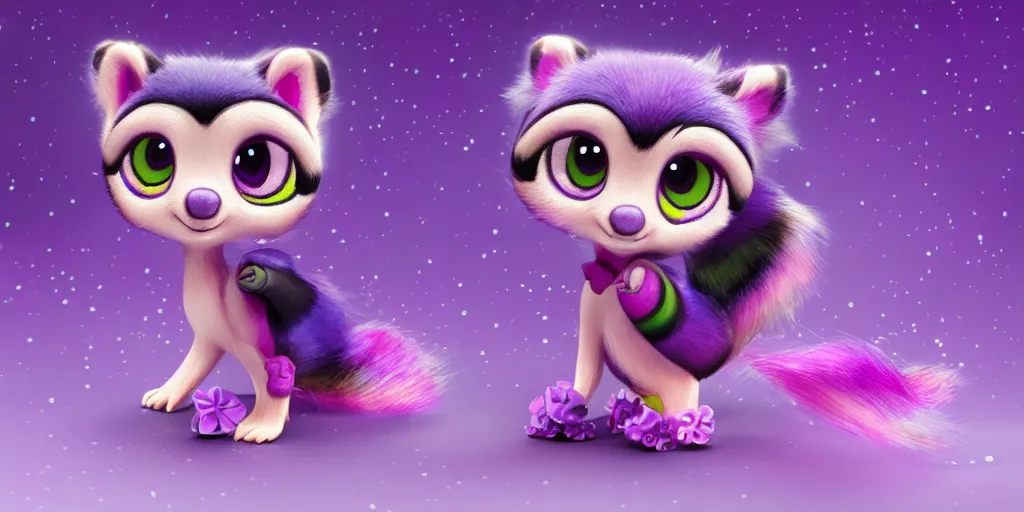 Image similar to 3 d purple - colored littlest pet shop purple raccoon, accessories, glittery wedding, ice cream, gothic, raven, rainbow, smiling, forest, moon, stars, master painter and art style of noel coypel, art of emile eisman - semenowsky, art of edouard bisson