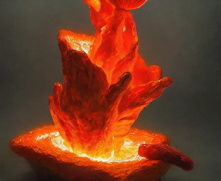 Image similar to a lava sculpture of a beautiful flower, realistic painting by studio ghibli and greg rutkowski, warm colors, beautiful, hyperrealism artstyle, amazing lighting