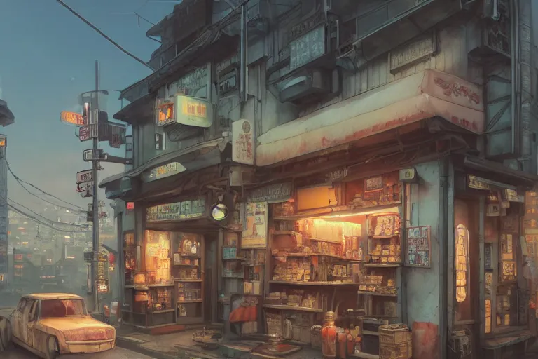 Image similar to A highly detailed matte painting of a detached small shop with sign by Studio Ghibli, Makoto Shinkai, by Artgerm, by WLOP, by Greg Rutkowski, volumetric lighting, cyberpunk, octane render, 4K resolution, trending on artstation, masterpiece