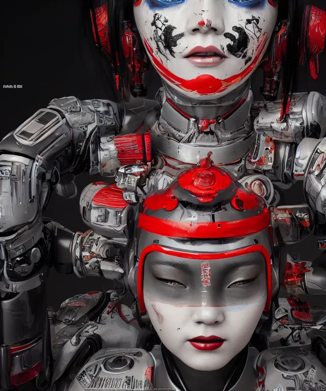 Image similar to an epic fantastic realism comic book style portrait painting of a japanese robotic geisha with kanji tattoos and decals, apex legends, octane render, intricate detail, 4 k hd, unreal engine 5, ex machina, irobot