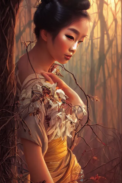 Image similar to stunningly beautiful, geisha prima ballerina in jungle, symmetrical face, golden hour, smooth, focus, highly detailed, hyper realistic, dramatic lighting, elegant, intricate, concept art, art by wlop, mars ravelo, greg rutowski, artstation