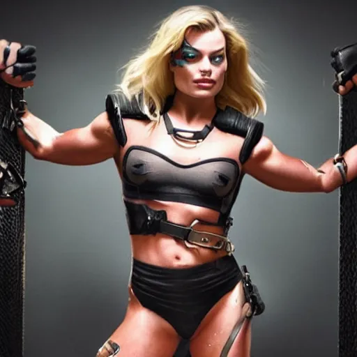 Prompt: Muscle Bound Margot Robbie Cyberpunk cyborg