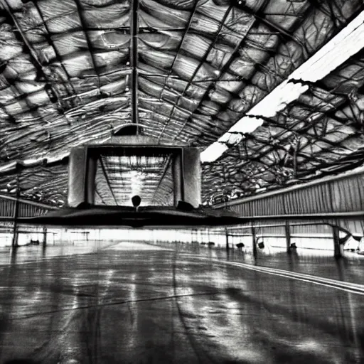 Image similar to an alien craft inside a hanger, old photo, vintage photo, grainy, realistic, real photo,