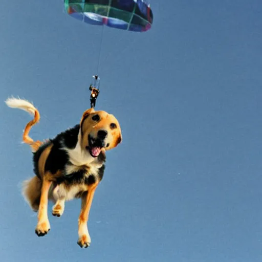 Prompt: a dog parachuting from a helicopter, stock photo