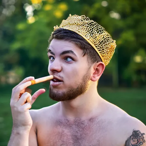 Image similar to A full shot portrait of a young man in a Netted Fishnet Mesh Tanktop wearing a golden diamond crown smoking a cigar on a sunny day in the park, 35mm, 4K, studio lighting