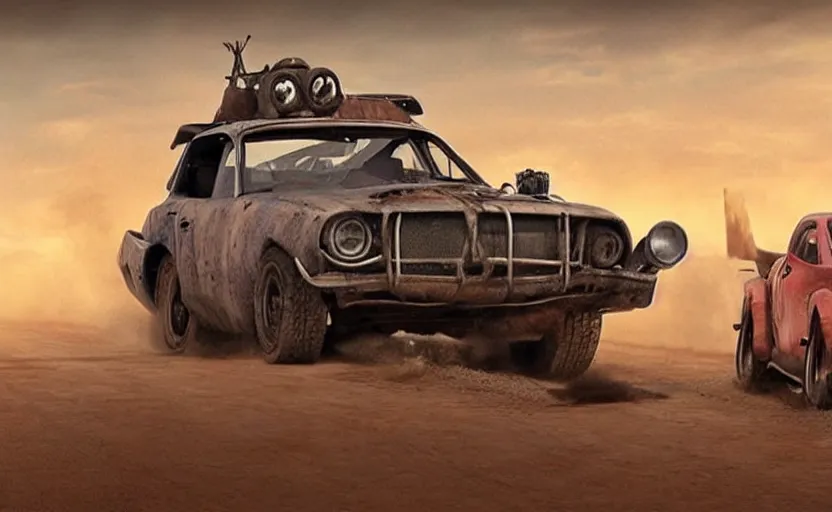 Image similar to mad max cars in a pixar movie