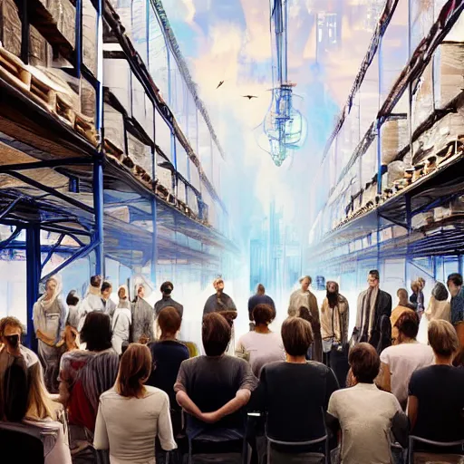 Image similar to large group people in a warehouse, looking at hologram of futuristic city on a table, cinematic concept art, godrays, golden hour, natural sunlight, 4 k, clear details, tabletop model buildings, tabletop model, hologram center, crane shot, crane shot, crane shot