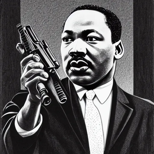 Image similar to martin luther king jr holding a rifle, photorealistic