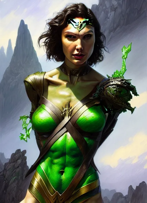 Image similar to portrait of gal gadot as a goblin, d & d, muscular! green, fantasy, intricate, elegant, highly detailed, digital painting, artstation, concept art, smooth, sharp focus, illustration, art by artgerm and greg rutkowski and alphonse mucha