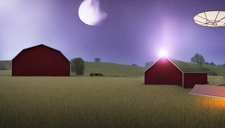 Image similar to a ufo floats over a barn with a broken roof, debris is ascending toward the ufo, volumetric lighting, night, photorealistic rendering, color palette, 8 k, hyperdetailed